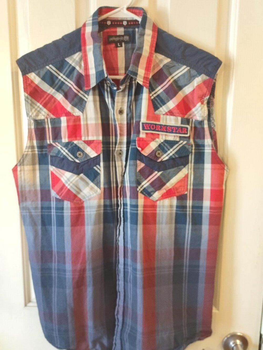 Wornstar Men's Sleeveless Plaid Button-Up Shirt Red Blue White Eagle Graph